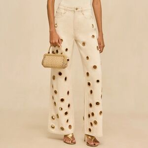 NWT Sz.25 Cult Gaia Off White Wide Leg Jaiden Jeans with Gold Grommet accents